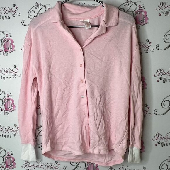 JLO top long sleeve thermal waffle knit button up Light Pink Textured Shirt - Picture 1 of 6